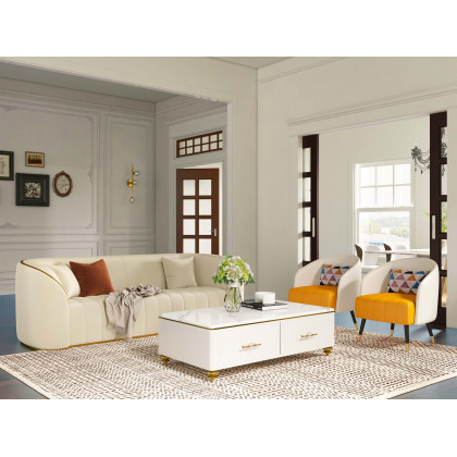 HMR Modern 3-Seater Sofa with Faux Leather Upholstered - White/Gold