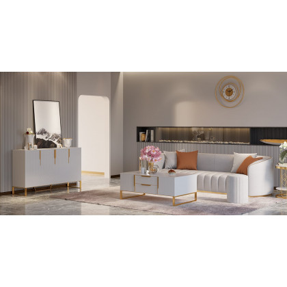 HMR Modern 3-Seater Sofa with Faux Leather Upholstered - White/Gold