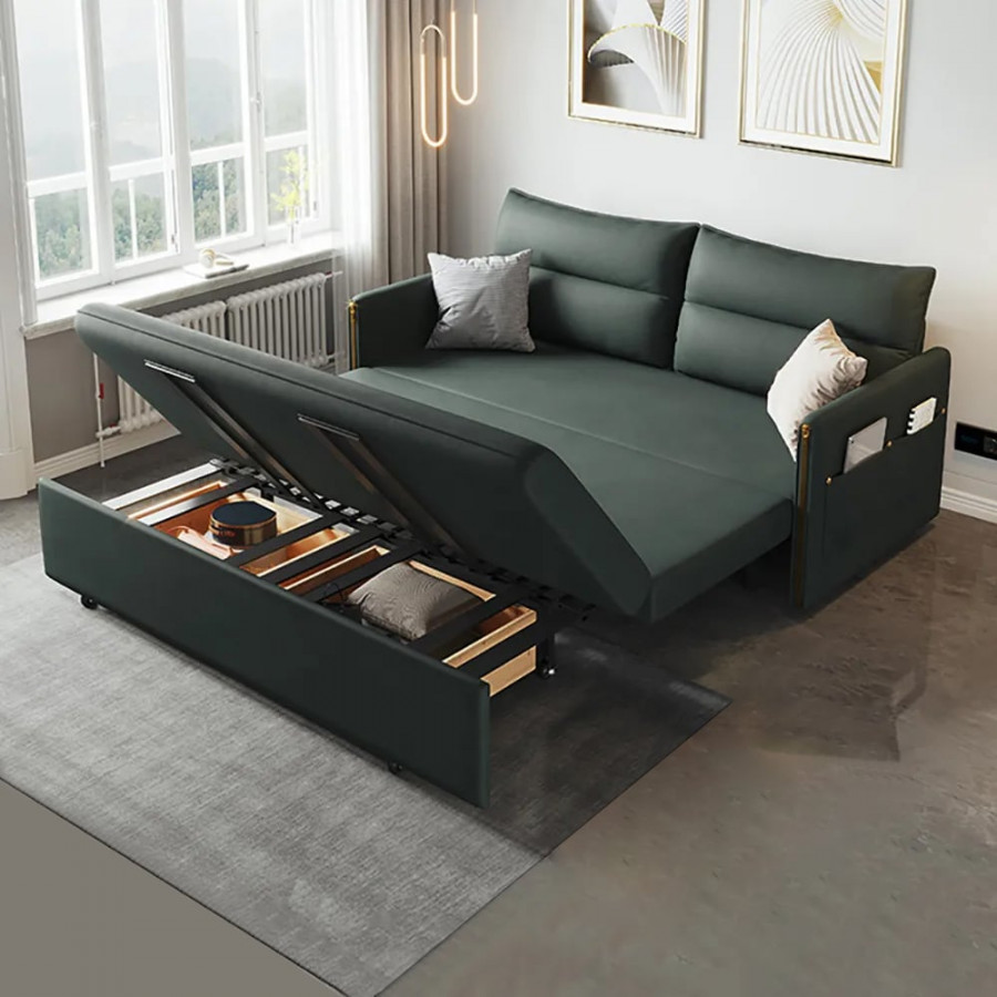 HMR - Convertible Sofa Bed with Storage in 64"L, Green