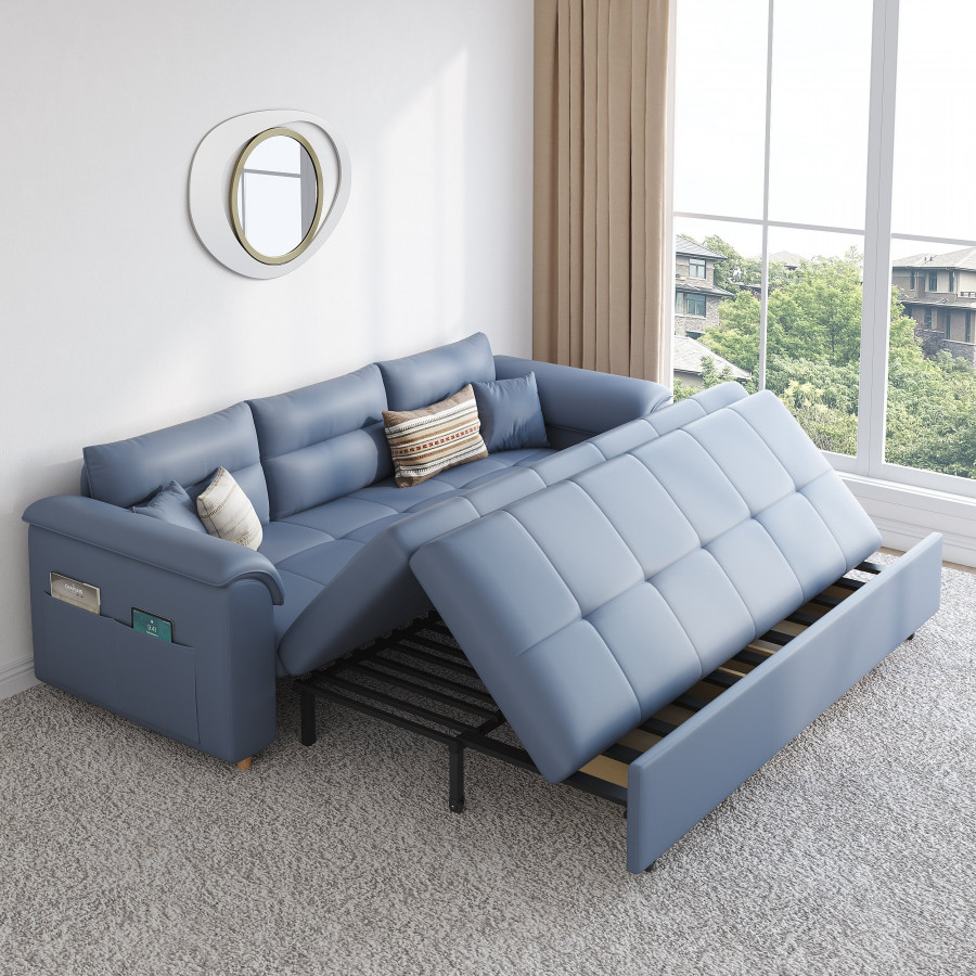 HMR Queen 2-Seater Sleeper Sofa - Blue, Leath-aire