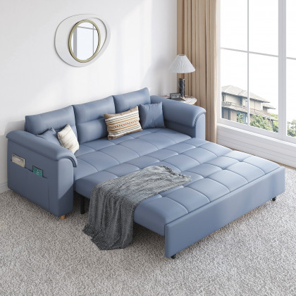 HMR Queen 2-Seater Sleeper Sofa - Blue, Leath-aire