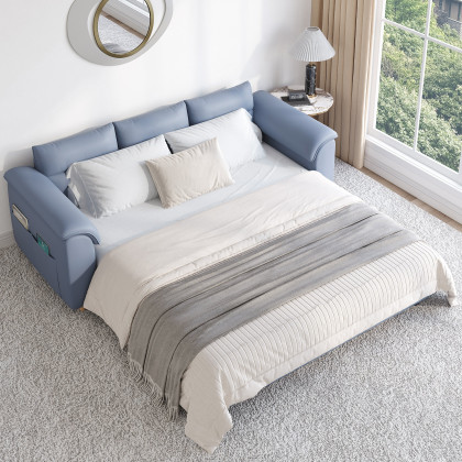 HMR Queen 2-Seater Sleeper Sofa - Blue, Leath-aire