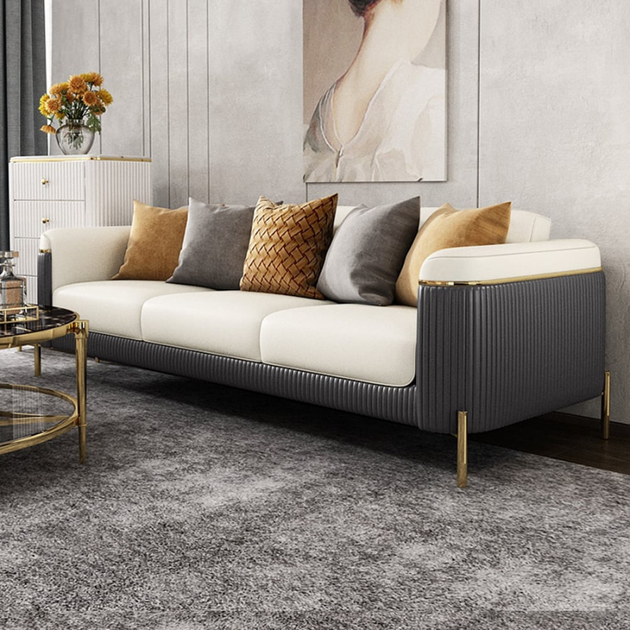 HMR - Vertex 85" Modern Nappa Leather Upholstered 3-Seater Sofa Pillow Included