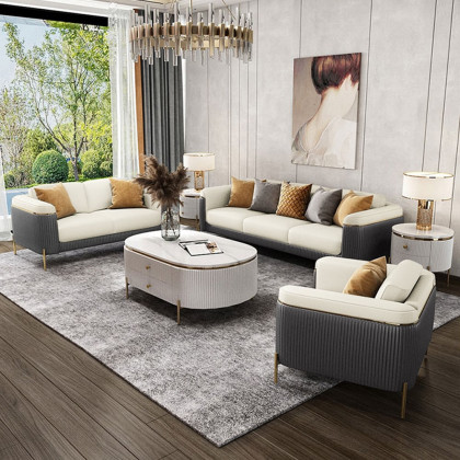 HMR - Vertex 85" Modern Nappa Leather Upholstered 3-Seater Sofa Pillow Included