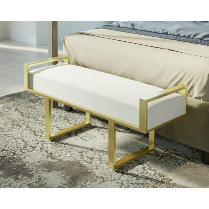 HMR - Entryway Linen Upholstered Ottoman Bench in White