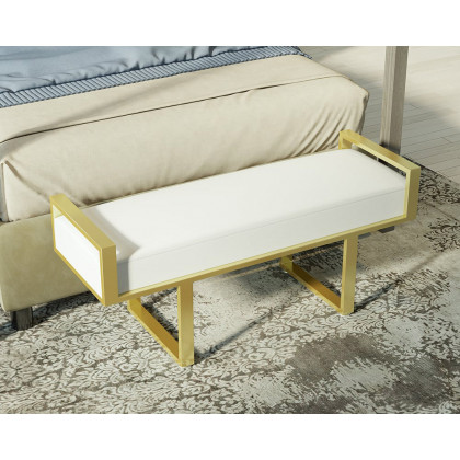 HMR - Entryway Linen Upholstered Ottoman Bench in White