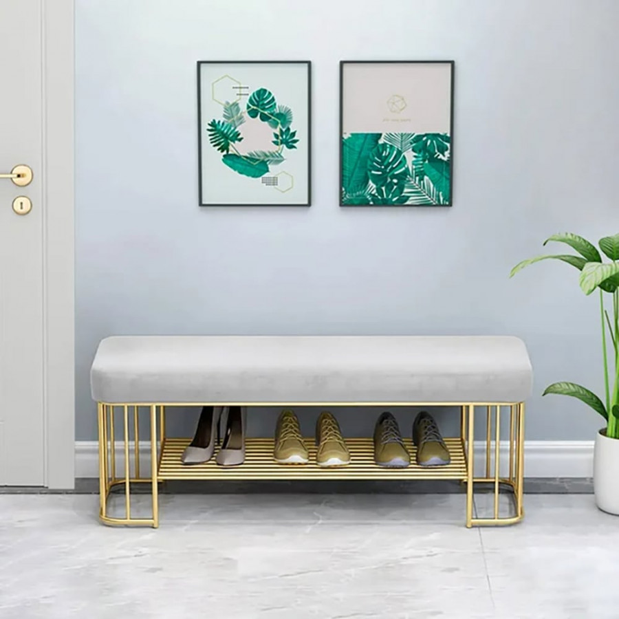 HMR - Modern Velvet Upholstered Entryway Bench with Shoe Storage with Frame and Shel in Gray