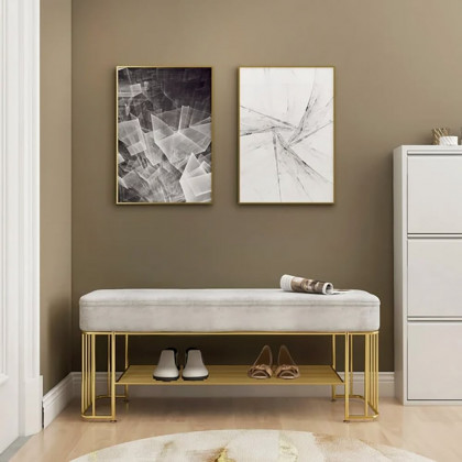 HMR - Modern Velvet Upholstered Entryway Bench with Shoe Storage with Frame and Shel in Gray