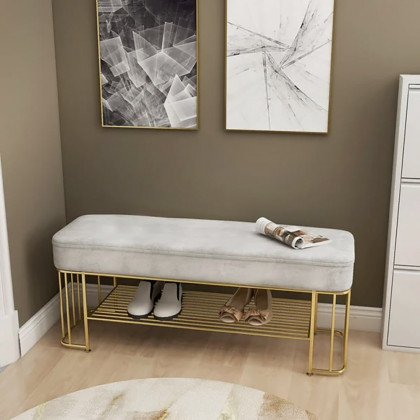 HMR - Modern Velvet Upholstered Entryway Bench with Shoe Storage with Frame and Shel in Gray