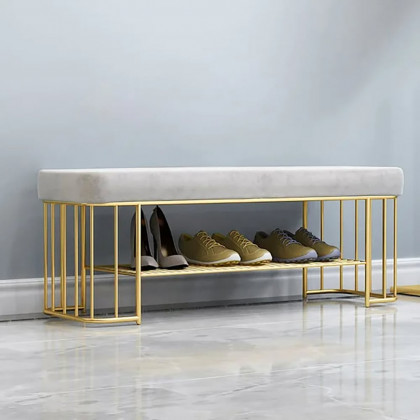 HMR - Modern Velvet Upholstered Entryway Bench with Shoe Storage with Frame and Shel in Gray