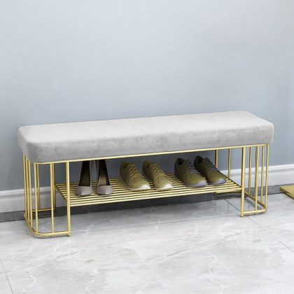 HMR - Modern Velvet Upholstered Entryway Bench with Shoe Storage with Frame and Shel in Gray