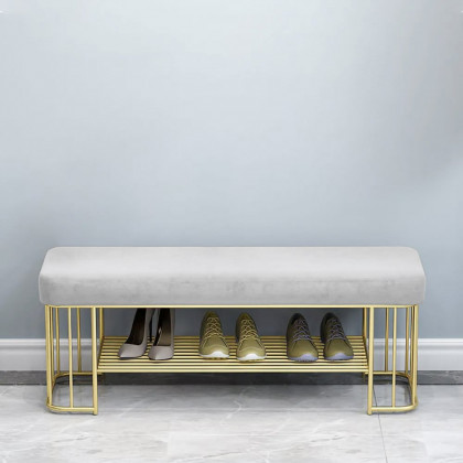 HMR - Modern Velvet Upholstered Entryway Bench with Shoe Storage with Frame and Shel in Gray