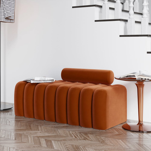 HMR Modern Line Tufted Entryway Bench Upholstered Bench with Round Back - Orange