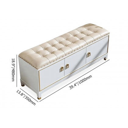 HMR - Faux Leather Bench with Storage Cabinet 3-Door in White and Champagne