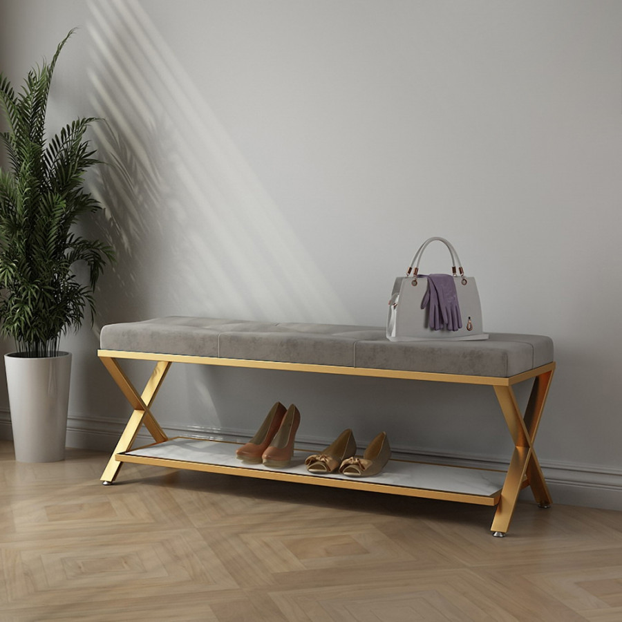 HMR - Velvet Upholstered with X-Shaped Base Entryway Bench with Storage Bed Bench in Gray
