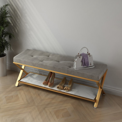 HMR - Velvet Upholstered with X-Shaped Base Entryway Bench with Storage Bed Bench in Gray