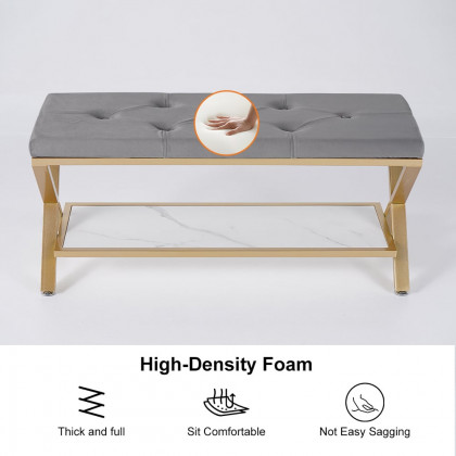 HMR - Velvet Upholstered with X-Shaped Base Entryway Bench with Storage Bed Bench in Gray