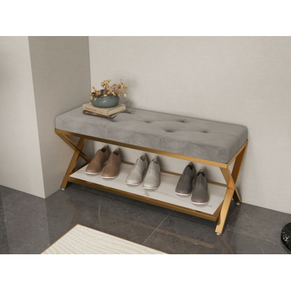HMR - Velvet Upholstered with X-Shaped Base Entryway Bench with Storage Bed Bench in Gray