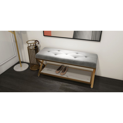 HMR - Velvet Upholstered with X-Shaped Base Entryway Bench with Storage Bed Bench in Gray