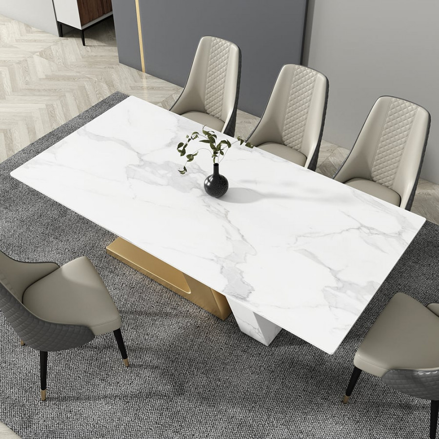HMR Luxury 63" Rectangle Dining Table for 6-8 People - White/Brushed Gold
