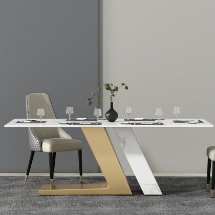 HMR Luxury 63" Rectangle Dining Table for 6-8 People - White/Brushed Gold