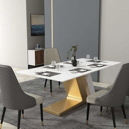 HMR Luxury 63" Rectangle Dining Table for 6-8 People - White/Brushed Gold