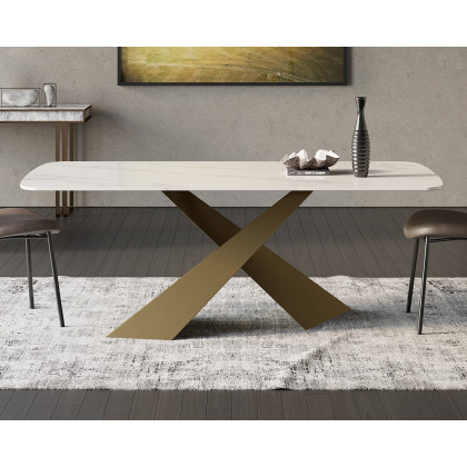 HMR Luxury Modern 78.7" Rectangle Dining Table for 6-8 People - White/Antique Brass, Sintered Stone