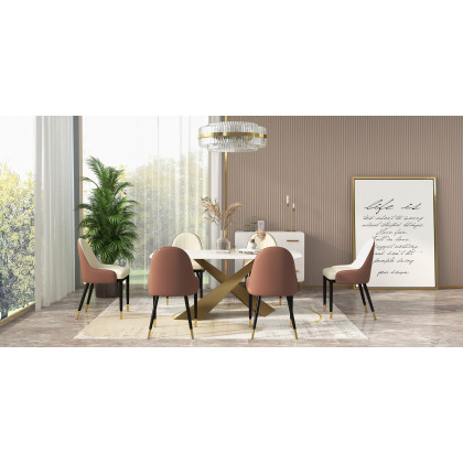 HMR Luxury Modern 70.9" Rectangle Dining Table for 4-6 People - White/Antique Brass, Sintered Stone