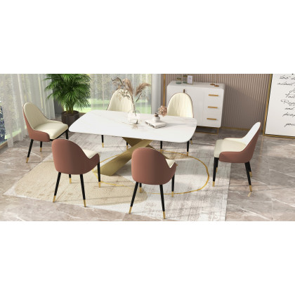 HMR Luxury Modern 70.9" Rectangle Dining Table for 4-6 People - White/Antique Brass, Sintered Stone