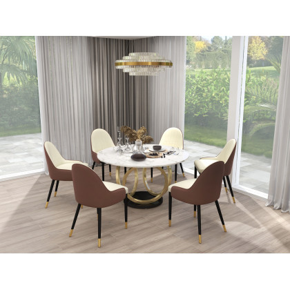 HMR - Round Dining Table for 6 Person with Black Pedestal in 53"Dia , Gold and White