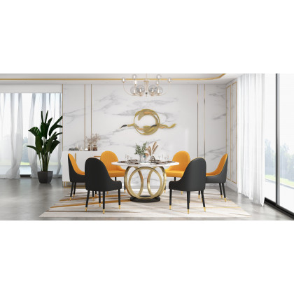 HMR - Round Dining Table for 6 Person with Black Pedestal in 53"Dia , Gold and White