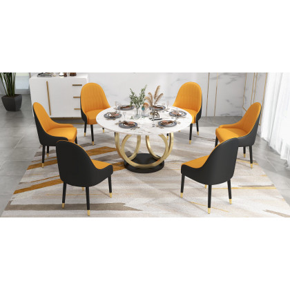 HMR - Round Dining Table for 6 Person with Black Pedestal in 53"Dia , Gold and White
