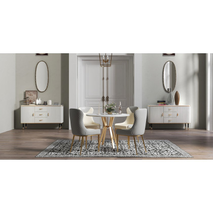 HMR - Round Table for Dining with Metal Base in Gold and White