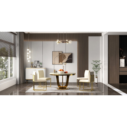 HMR - Round Dining Table with Stainless Steel Base in 47"L, Beige
