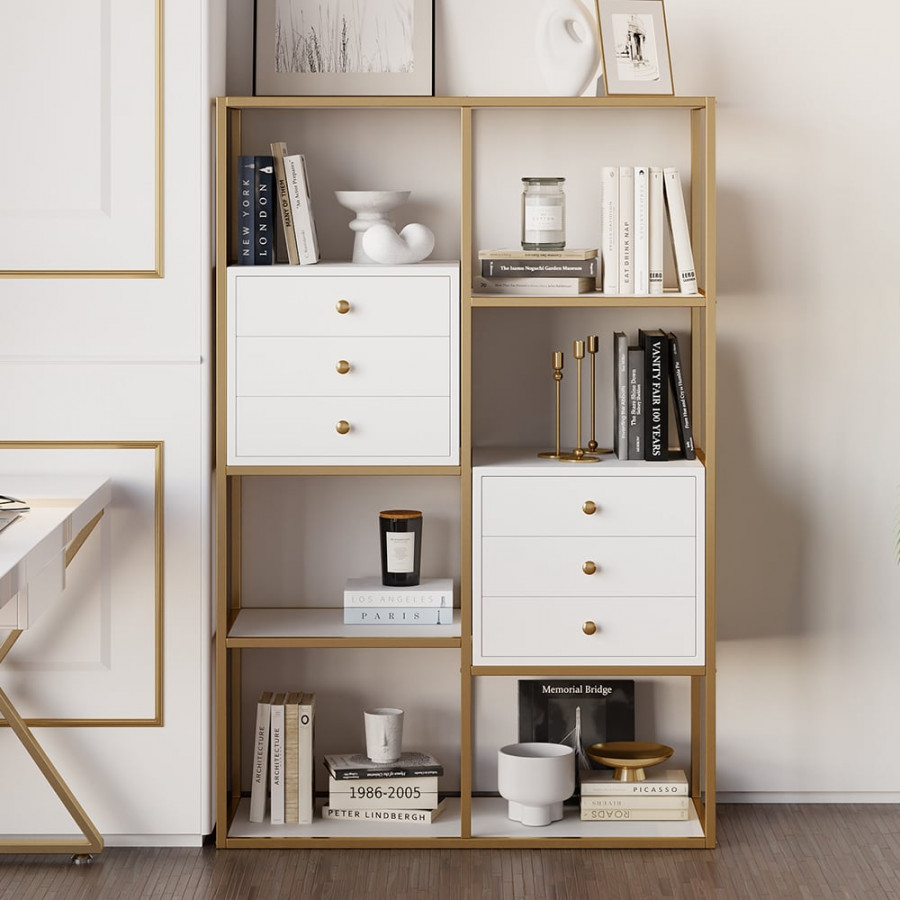 HMR - Geometric 6 Shelves and 6 Drawers Bookcase in White and Gold