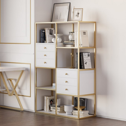 HMR - Geometric 6 Shelves and 6 Drawers Bookcase in White and Gold