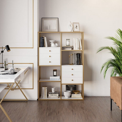 HMR - Geometric 6 Shelves and 6 Drawers Bookcase in White and Gold