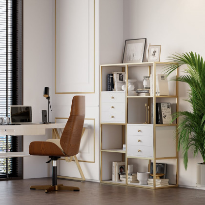 HMR - Geometric 6 Shelves and 6 Drawers Bookcase in White and Gold