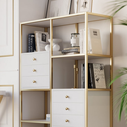 HMR - Geometric 6 Shelves and 6 Drawers Bookcase in White and Gold