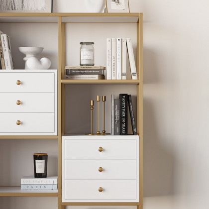 HMR - Geometric 6 Shelves and 6 Drawers Bookcase in White and Gold