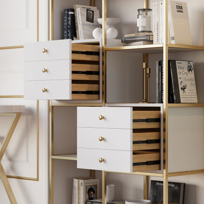 HMR - Geometric 6 Shelves and 6 Drawers Bookcase in White and Gold