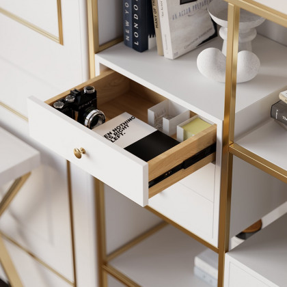 HMR - Geometric 6 Shelves and 6 Drawers Bookcase in White and Gold