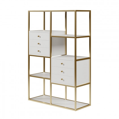 HMR - Geometric 6 Shelves and 6 Drawers Bookcase in White and Gold