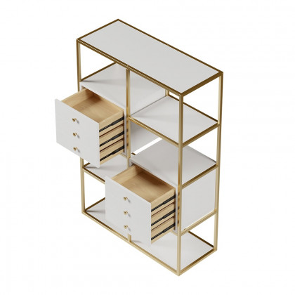 HMR - Geometric 6 Shelves and 6 Drawers Bookcase in White and Gold