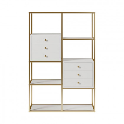 HMR - Geometric 6 Shelves and 6 Drawers Bookcase in White and Gold