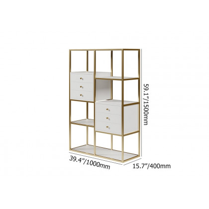 HMR - Geometric 6 Shelves and 6 Drawers Bookcase in White and Gold