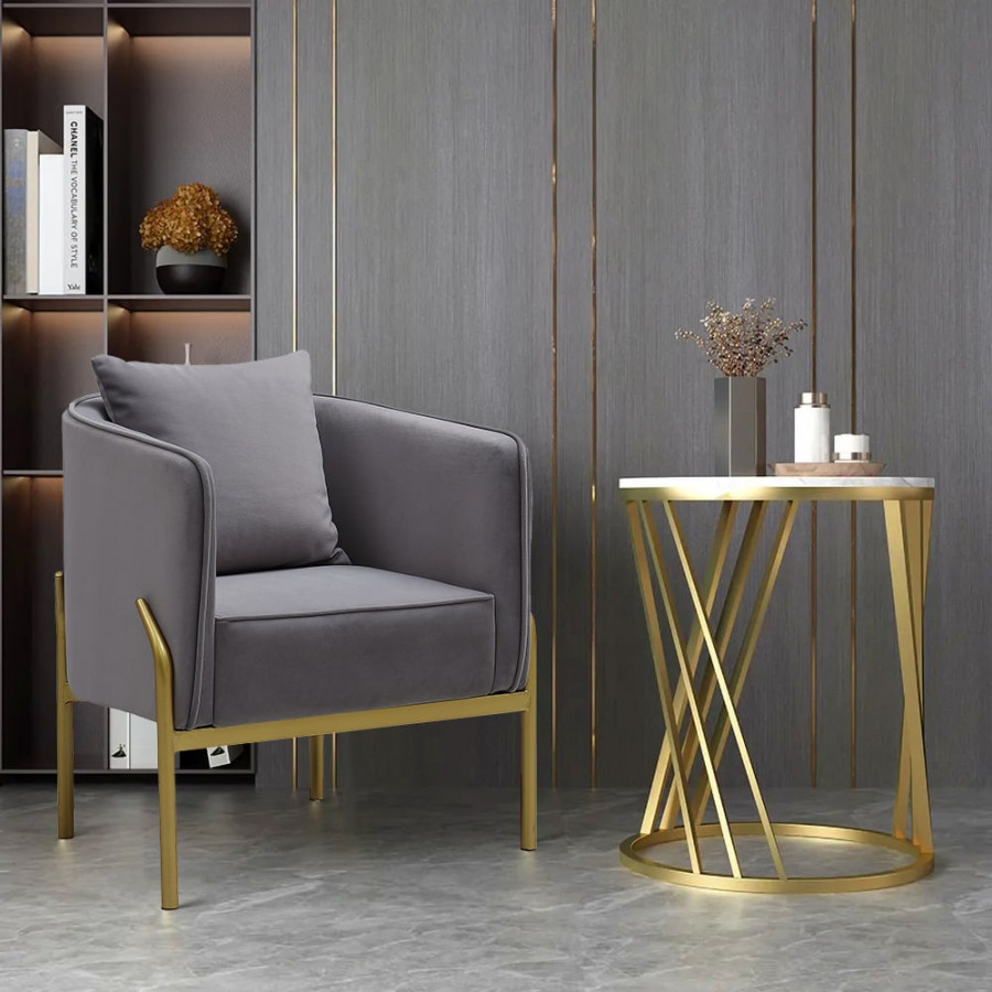 HMR - Velvet Accent Chair with Gold Legs and Pillow in Gray