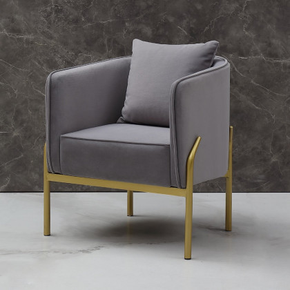 HMR - Velvet Accent Chair with Gold Legs and Pillow in Gray