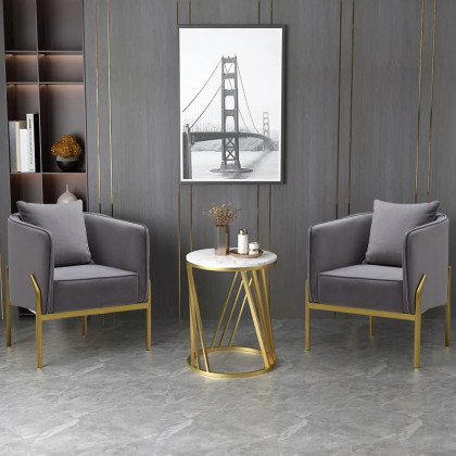 HMR - Velvet Accent Chair with Gold Legs and Pillow in Gray