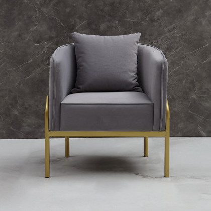 HMR - Velvet Accent Chair with Gold Legs and Pillow in Gray